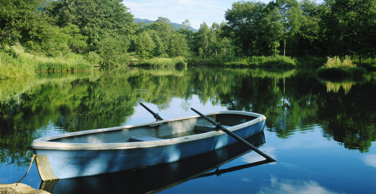 Rowboat on lake in woods